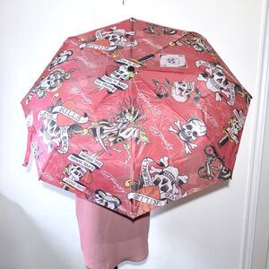 Ed Hardy Umbrella Auto Open & Close Red Love Kills Slow Skull Dagger 42” Y2K NWT